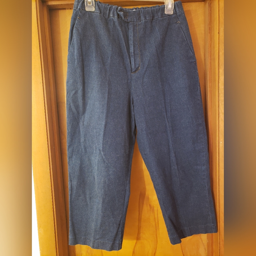 Tape Measure Cropped Denim Pants Size 14 Elastic Waist Zipper Front Pockets